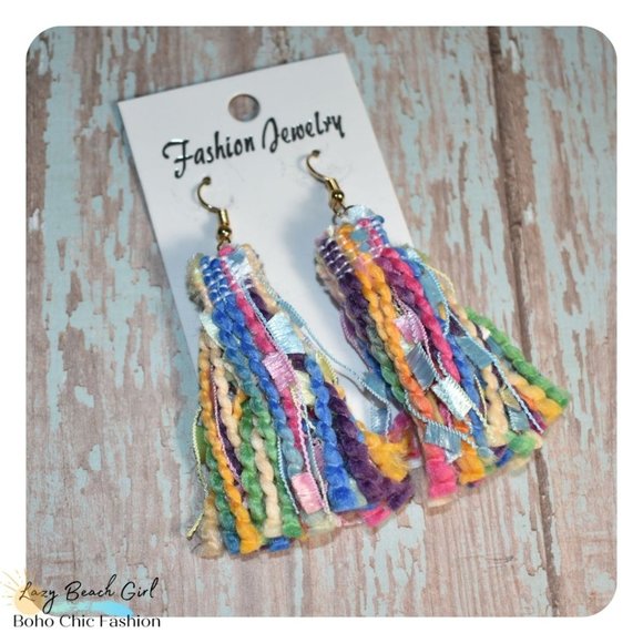 Boho Colorful Fabric Tassel Earrings - Picture 1 of 5
